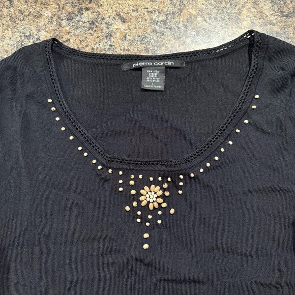 Pierre Cardin Top Beaded Academia Minimalist Boho Cottage Grandma Black Large - Picture 3 of 5